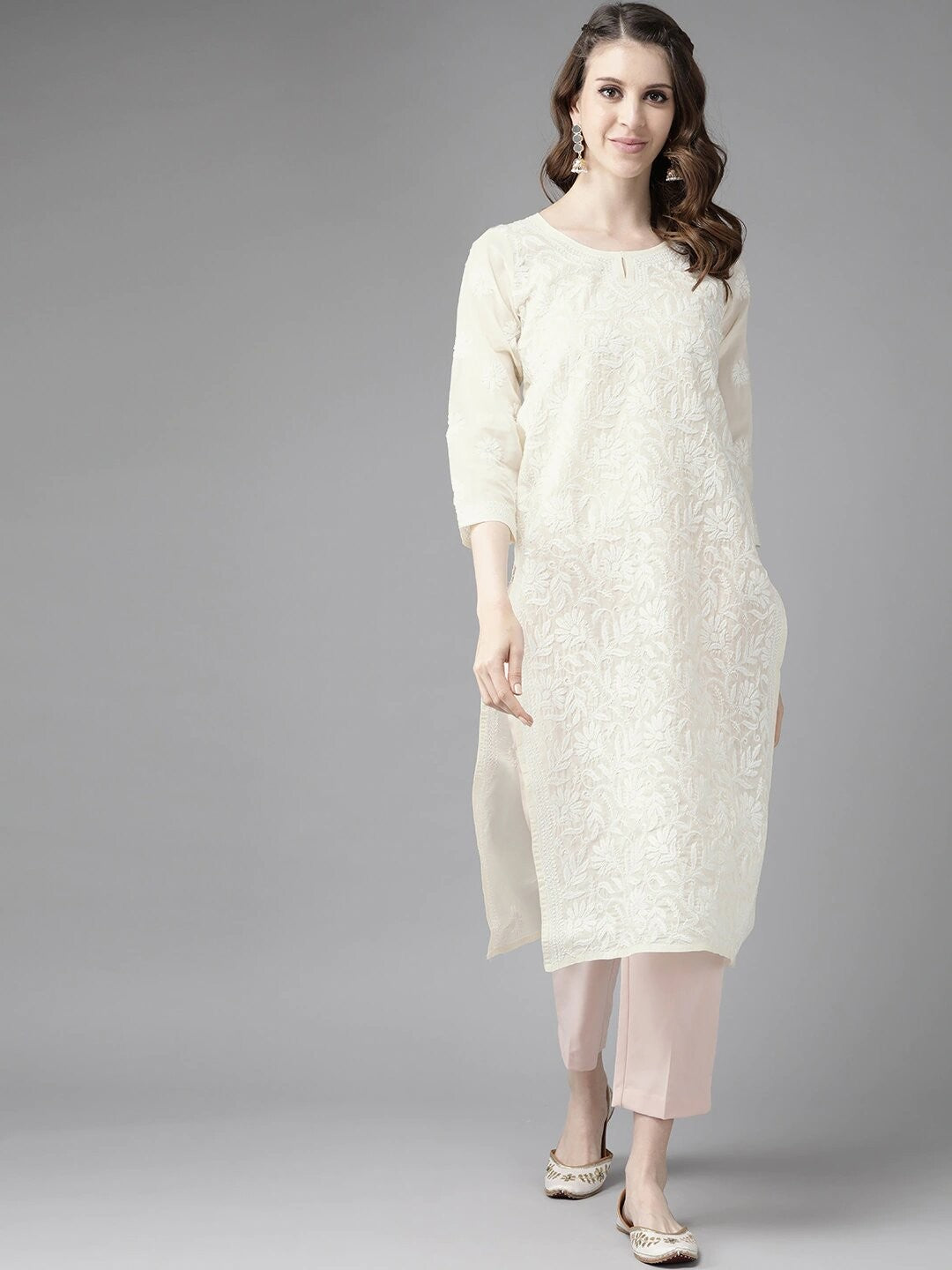 Ada Hand Embroidered Cream Cotton Lucknowi Chikan Kurta A411179