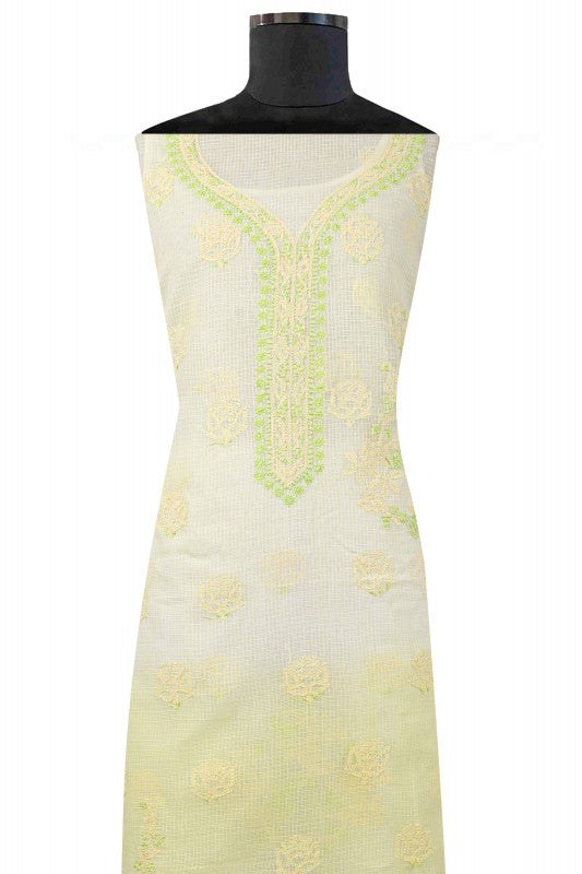 Ada Hand Embroidered Lemon Kota Lucknowi Chikan Unstitched Kurta Dupatta Set A596934