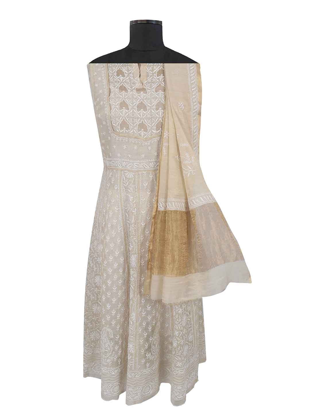 Ada Hand Embroidered Natural Fawn Tissue Lucknowi Chikankari Semi-Stitched Anarkali Kurta Dupatta Set With Zari Work 01A205793