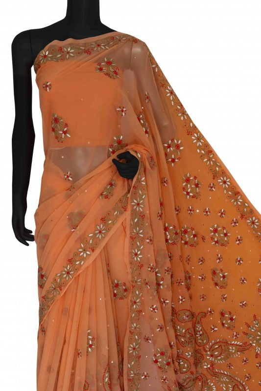 Ada Hand Embroidered Peach Georgette Lucknowi Chikankari Saree/Blouse With Gota Patti Work A183369