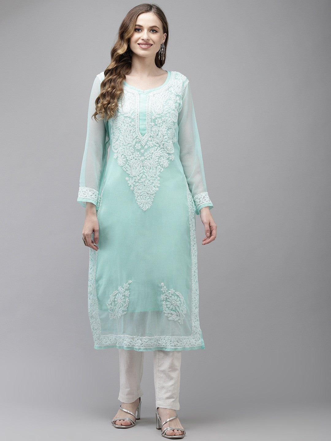 Ada Hand Embroidered Turquoise Blue Georgette Lucknow Chikan Kurta with Slip A411362
