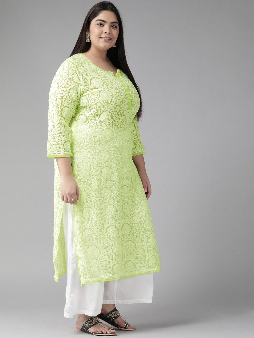Ada Hand Embroidered Green Georgette Lucknowi Chikankari Straight Kurta A105281