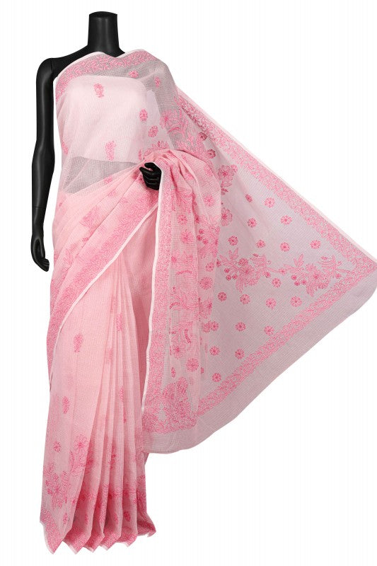 Ada Hand Embroidered Pink Kota Lucknowi Chikankari Saree With Blouse A607019