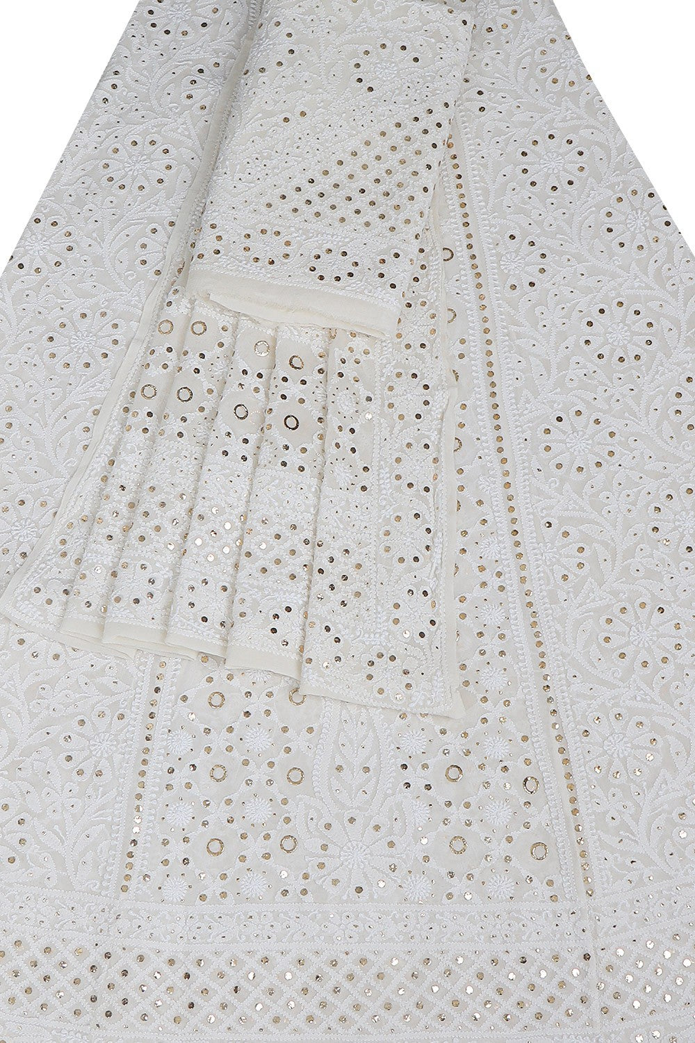 Ada Hand Embroidered White Pure Georgette Lucknowi Chikankari Lehenga Set with Muqaish Work A617820