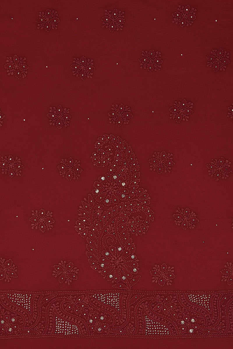 Ada Hand Embroidered Garnet Red Georgette Lucknowi Chikan Unstitched Kurta Dupatta Set With Muqaish Work- A610637