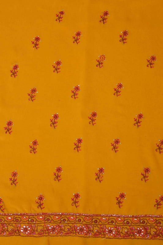 Ada Hand Embroidered Mustard Pure Georgette Lucknowi Chikan Unstitched Suit Piece with Muqaish Work A94468