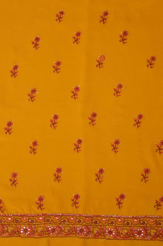 Ada Hand Embroidered Mustard Pure Georgette Lucknowi Chikan Unstitched Suit Piece with Muqaish Work A94468