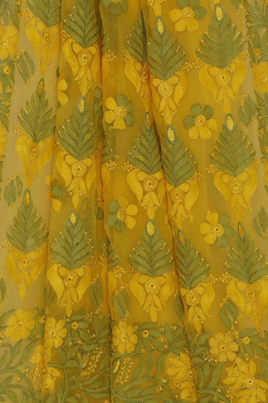 Ada Hand Embroidered Yellow Faux Georgette Lucknowi Chikankari Saree with Blouse A630385