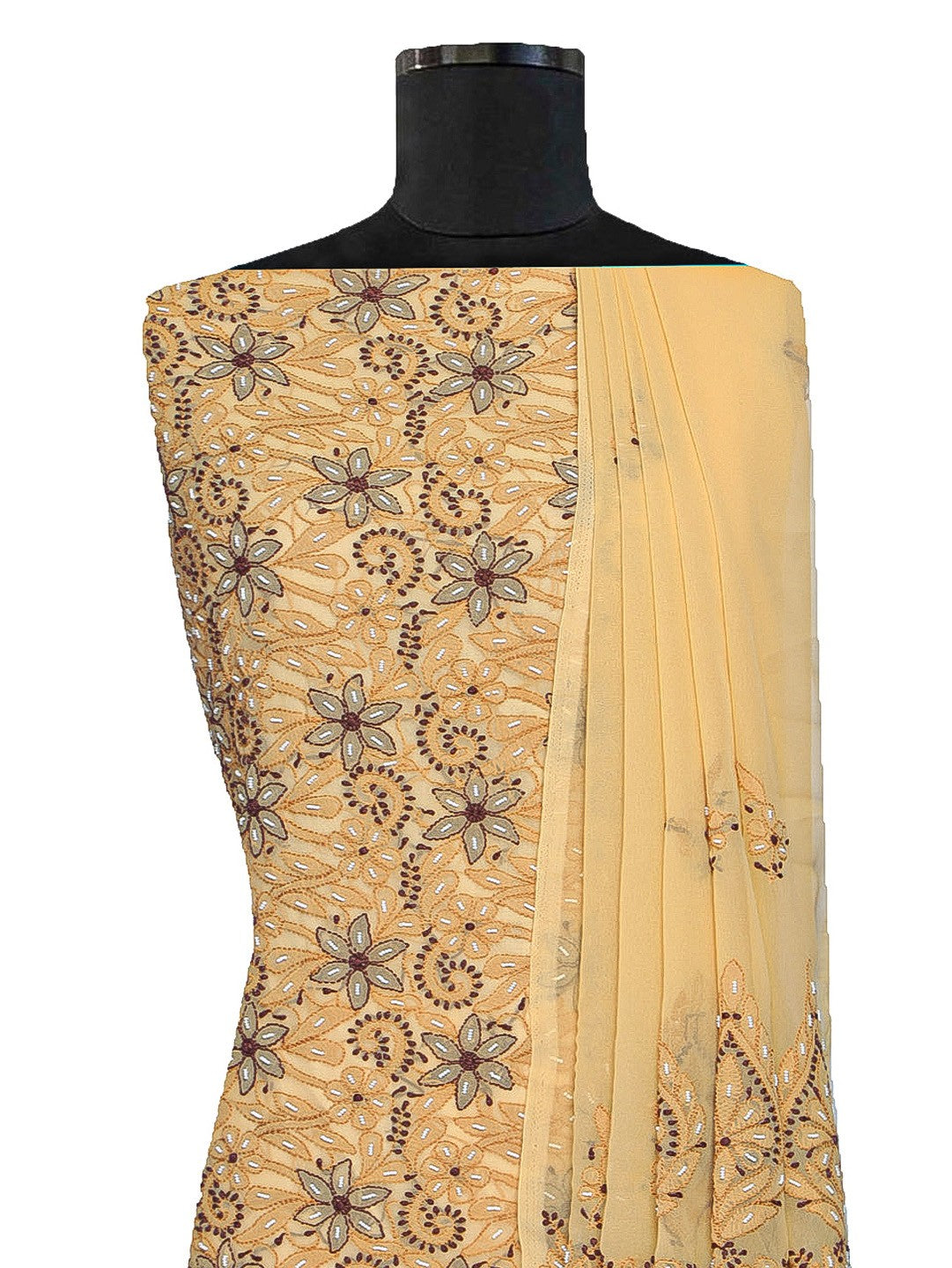 Ada Hand Embroidered Fawn Georgette Lucknowi Chikan Unstitched Suit Piece with Pearl Work A590386