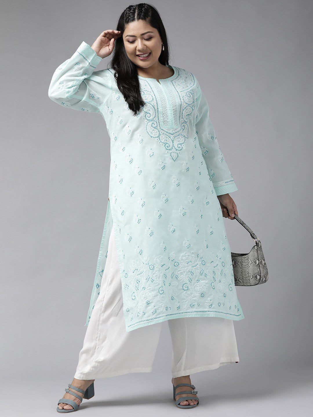 Ada Hand Embroidered Blue Cotton Lucknowi Chikankari Straight Kurta A227196
