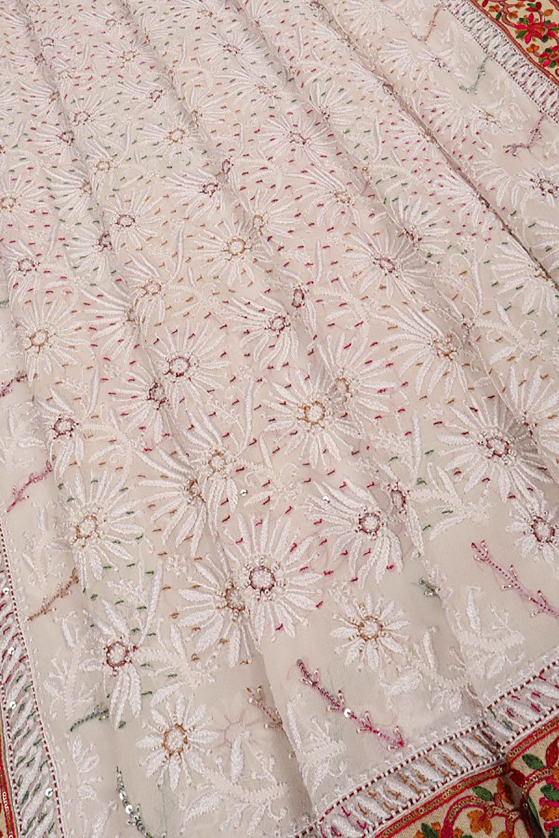 Ada Hand Embroidered Off White Pure Georgette Lucknowi Chikankari Saree/Blouse With Parsi Work 01A13889