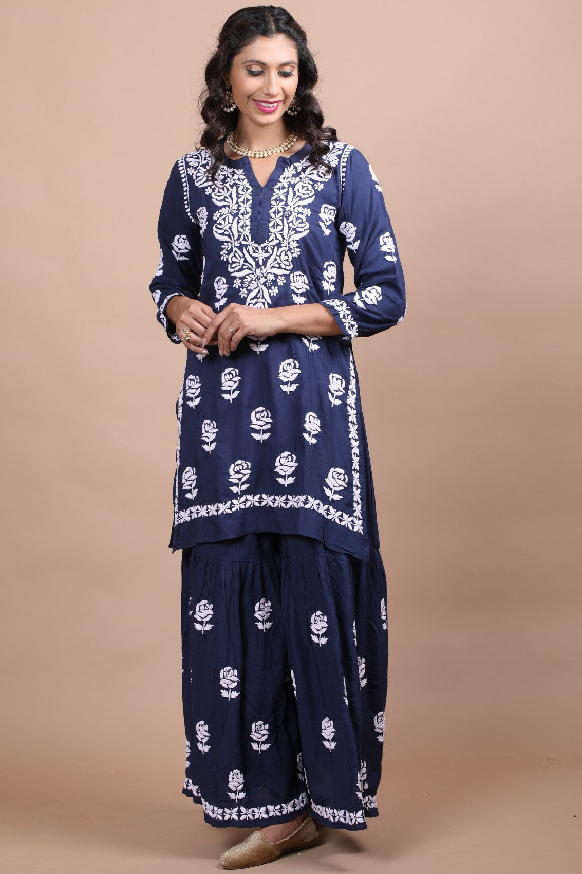 Ada Hand Embroidered Navy Blue Cotton Lucknowi Chikankari Kurta With Plazzo Set 01A206994
