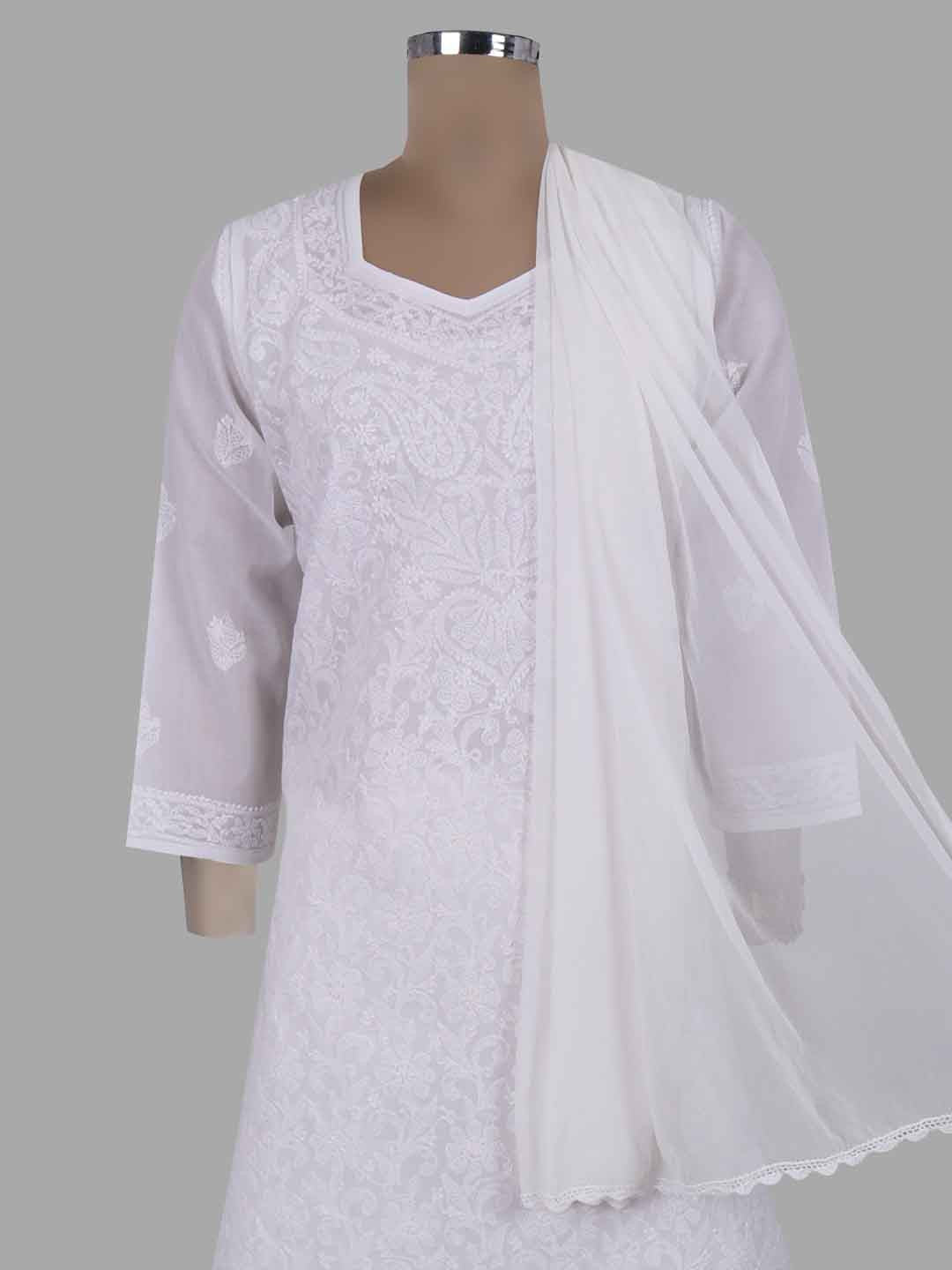 Ada Hand Embroidered White Cotton Lucknowi Chikankari Kurta Dupatta With Salwar Set A599166