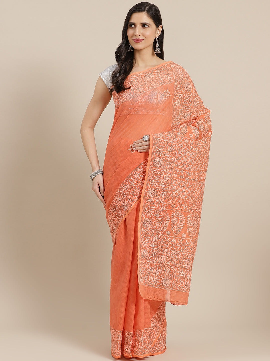 Ada Hand Embroidered Rust Kota Lucknow Chikan Saree With Blouse- A311225