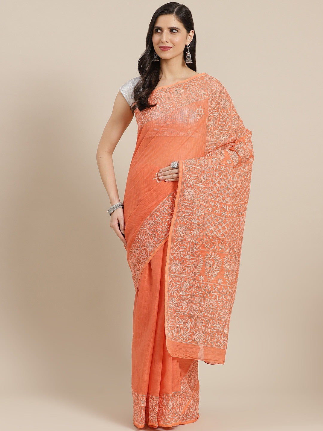 Ada Hand Embroidered Rust Kota Lucknow Chikan Saree With Blouse- A311225