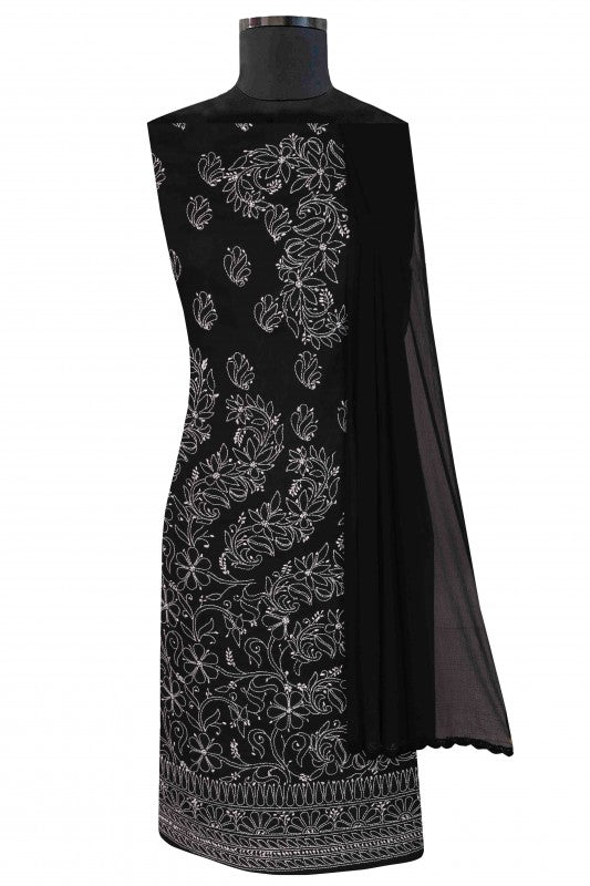 Ada Hand Embroidered Black Cotton Lucknowi Chikan Unstitched Suit Piece-A100262