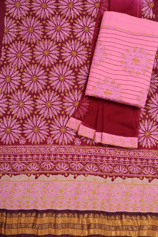 Ada Hand Embroidered Maroon Cotton Lucknowi Chikan Unstitched Suit Piece A44949