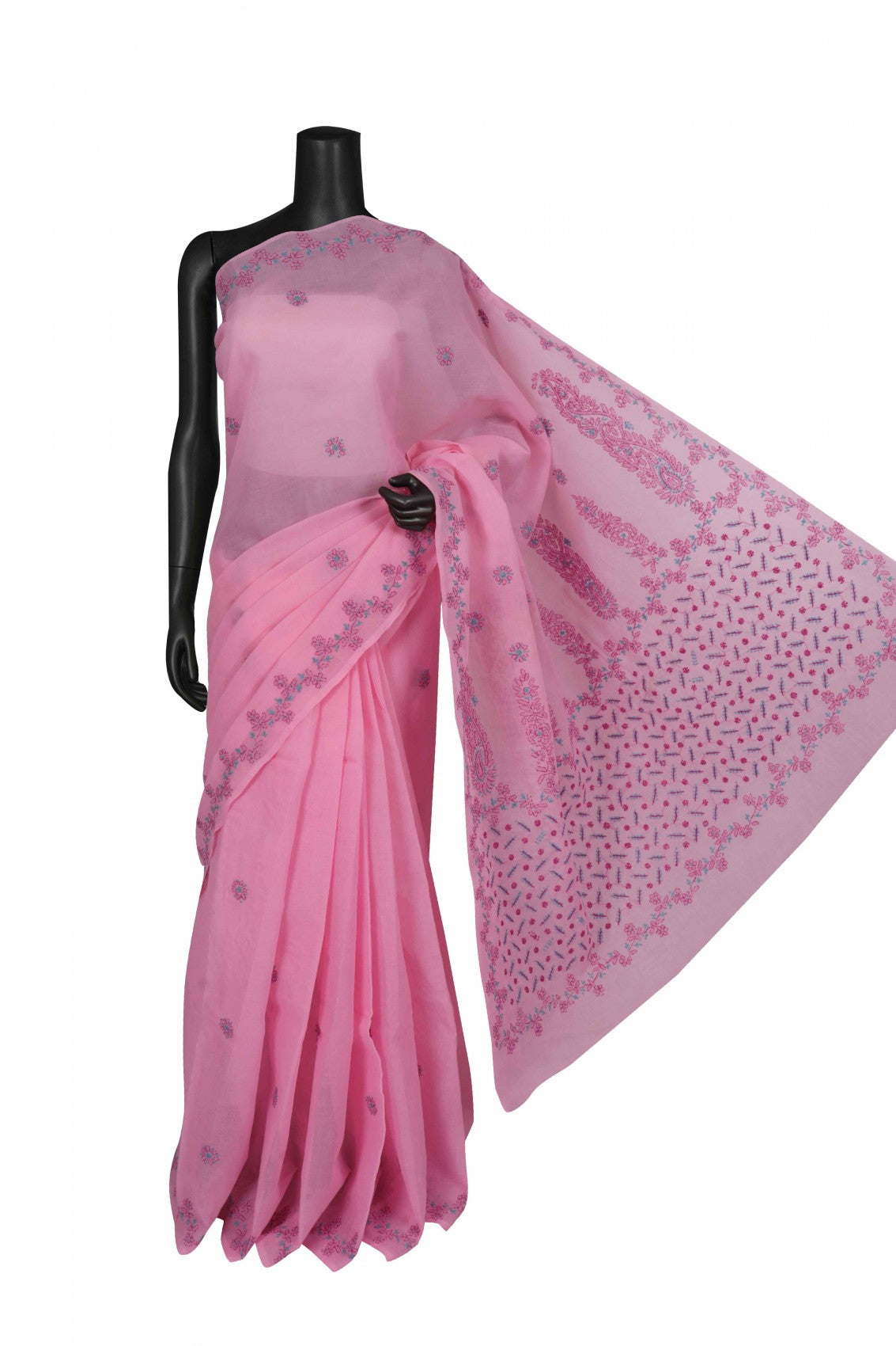 Ada Hand Embroidered Pink Cotton Lucknowi Chikankari Saree with Blouse A613993