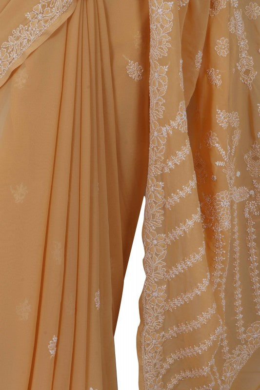 Ada Hand Embroidered Fawn Georgette Lucknowi Chikankari Saree With Blouse A267733