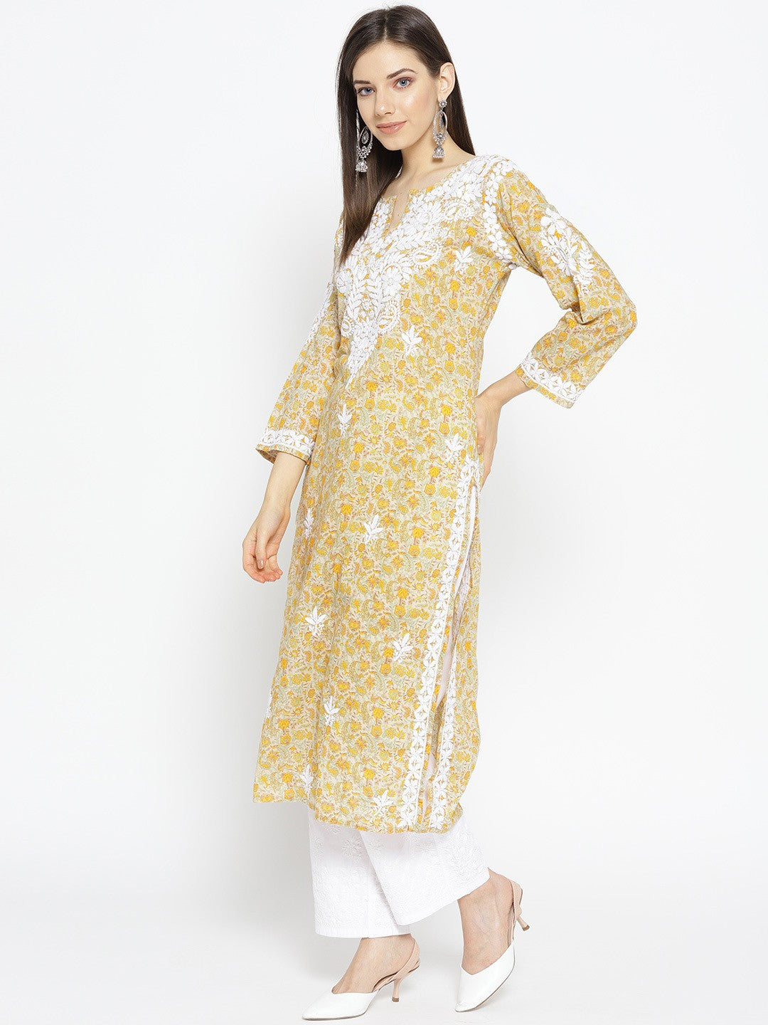 Ada Hand Embroidered Fawn Yellow Cotton Lucknow Chikankari Kurta- A100031