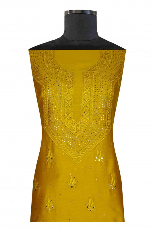 Ada Hand Embroidered Mustard Georgette Lucknowi Chikan Unstitched Kurta Dupatta Set With Muqaish Work A394927