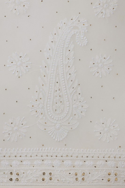 Ada Hand Embroidered White Pure Georgette Lucknowi Chikankari Semi-stitched Anarkali Kurta Dupatta Set With Muqaish Work- A597777