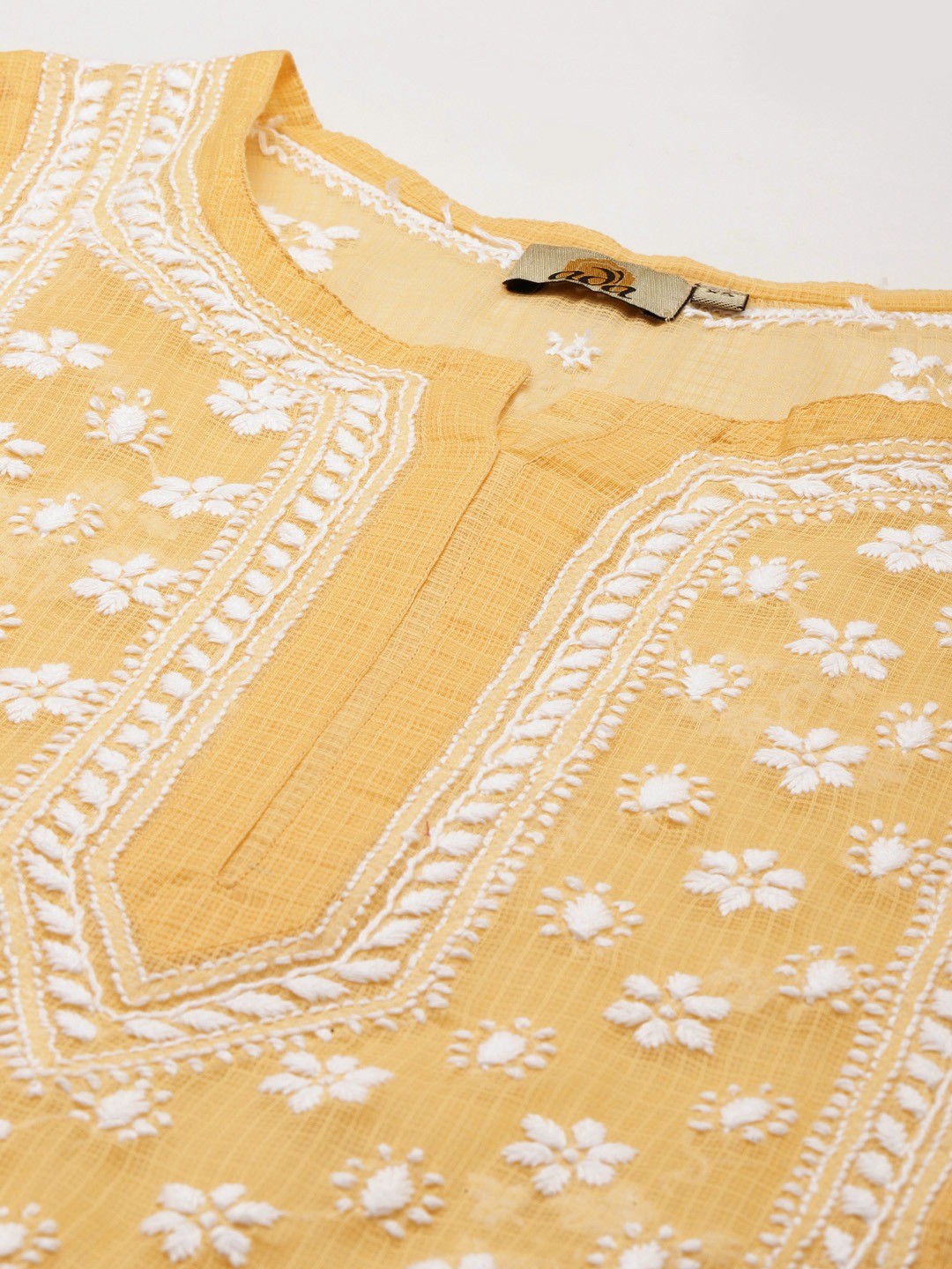 Ada Hand Embroidered Fawn Kota Lucknow Chikankari Kurta With Slip-A411306