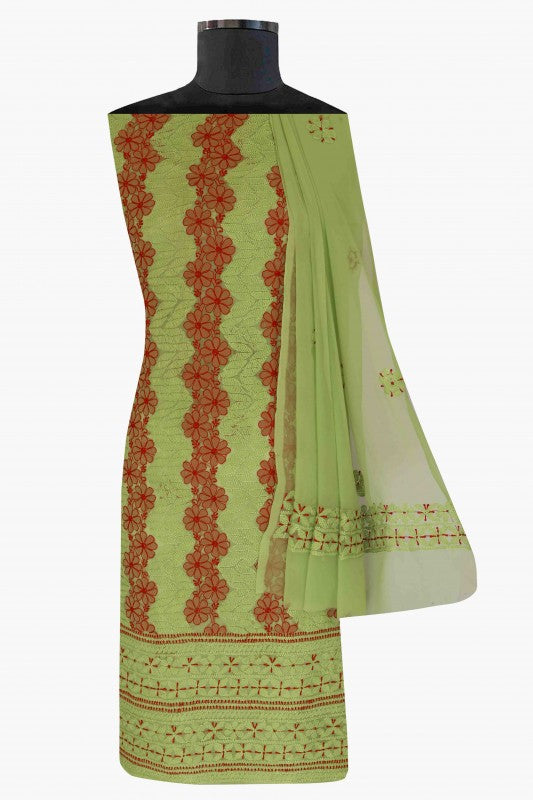 Ada Hand Embroidered Olive Green Georgette Lucknowi Chikan Unstitched Suit Piece A505747