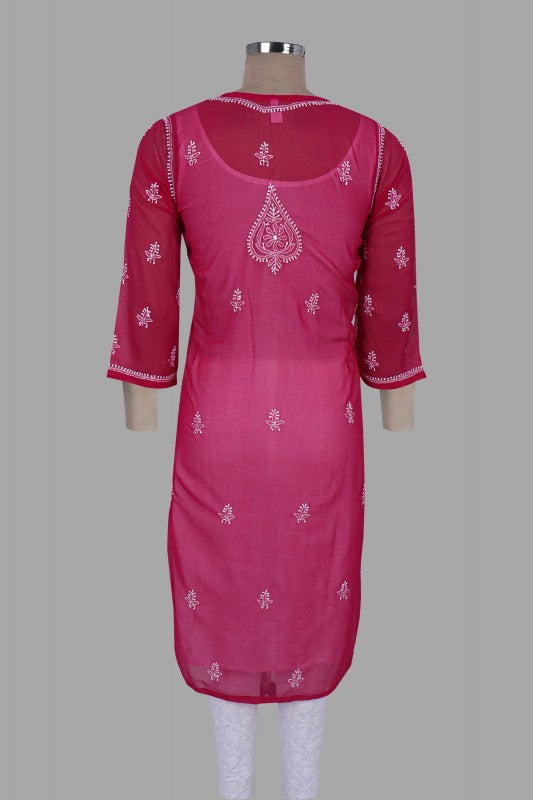 Ada Hand Embroidered Magenta Georgette Lucknow Chikan Kurta With Slip A411350