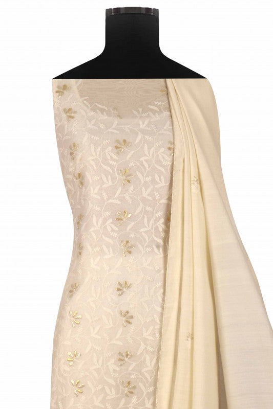 Ada Hand Embroidered Cream Chanderi Lucknowi Chikan Unstitched Suit Piece With Gota Patti Work A575128