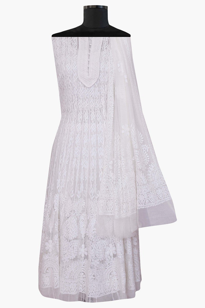 Ada Hand Embroidered White Net Chikan Semi-Stitched Anarkali Kurta Dupatta Set With Pearl Work A476419