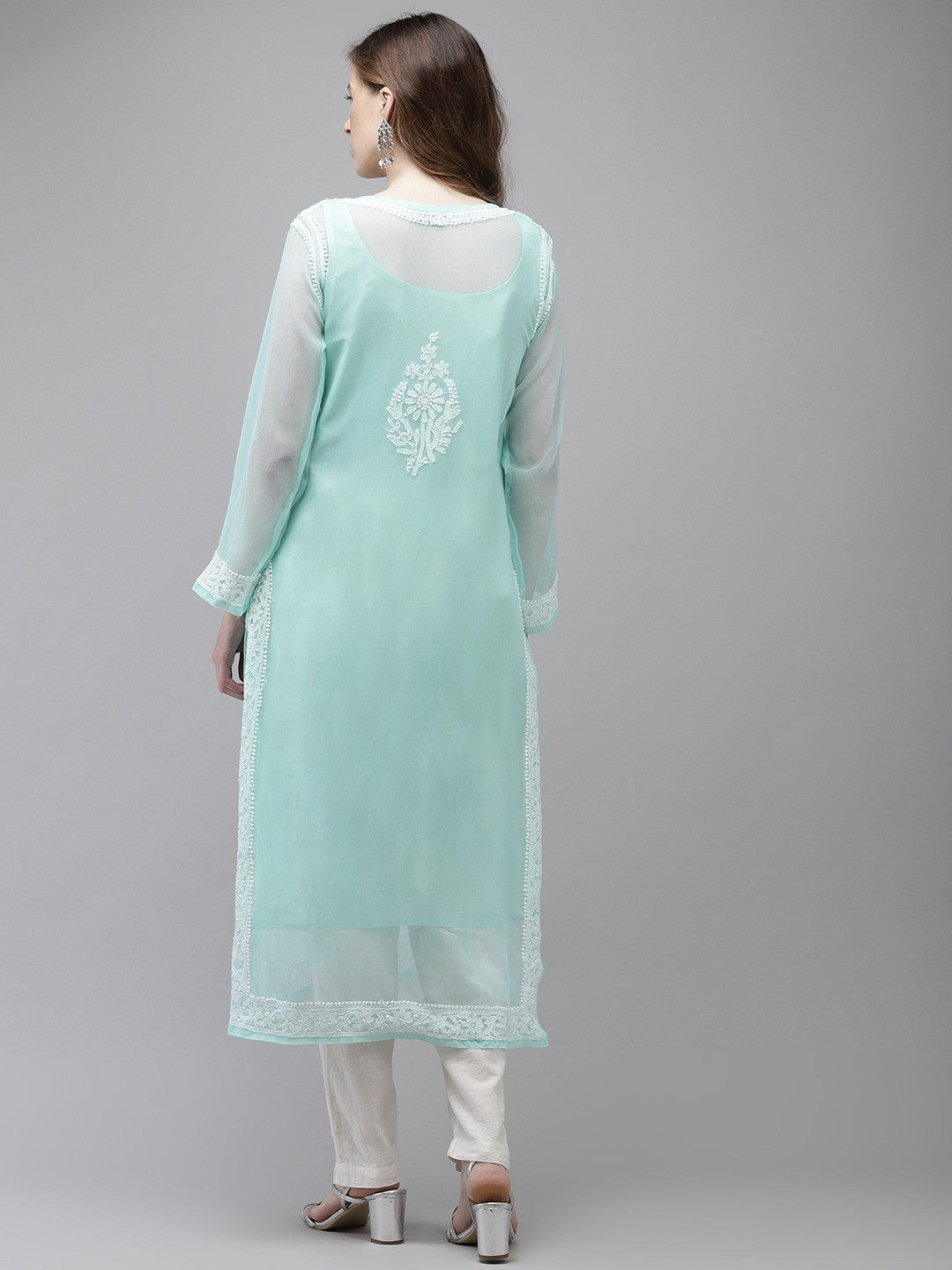 Ada Hand Embroidered Turquoise Blue Georgette Lucknow Chikan Kurta with Slip A411362