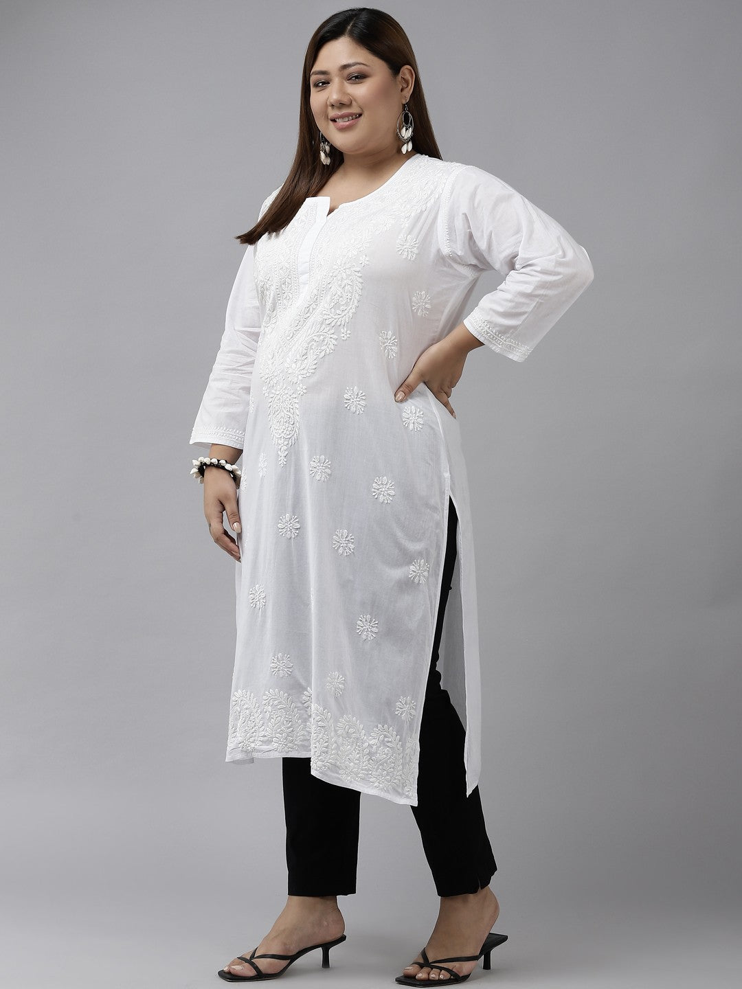 Ada Hand Embroidered White Cotton Lucknowi Chikankari Straight Kurta A213461