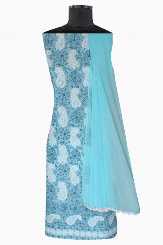 Ada Hand Embroidered Blue Cotton Lucknowi Chikan Unstitched Suit Piece-A603820