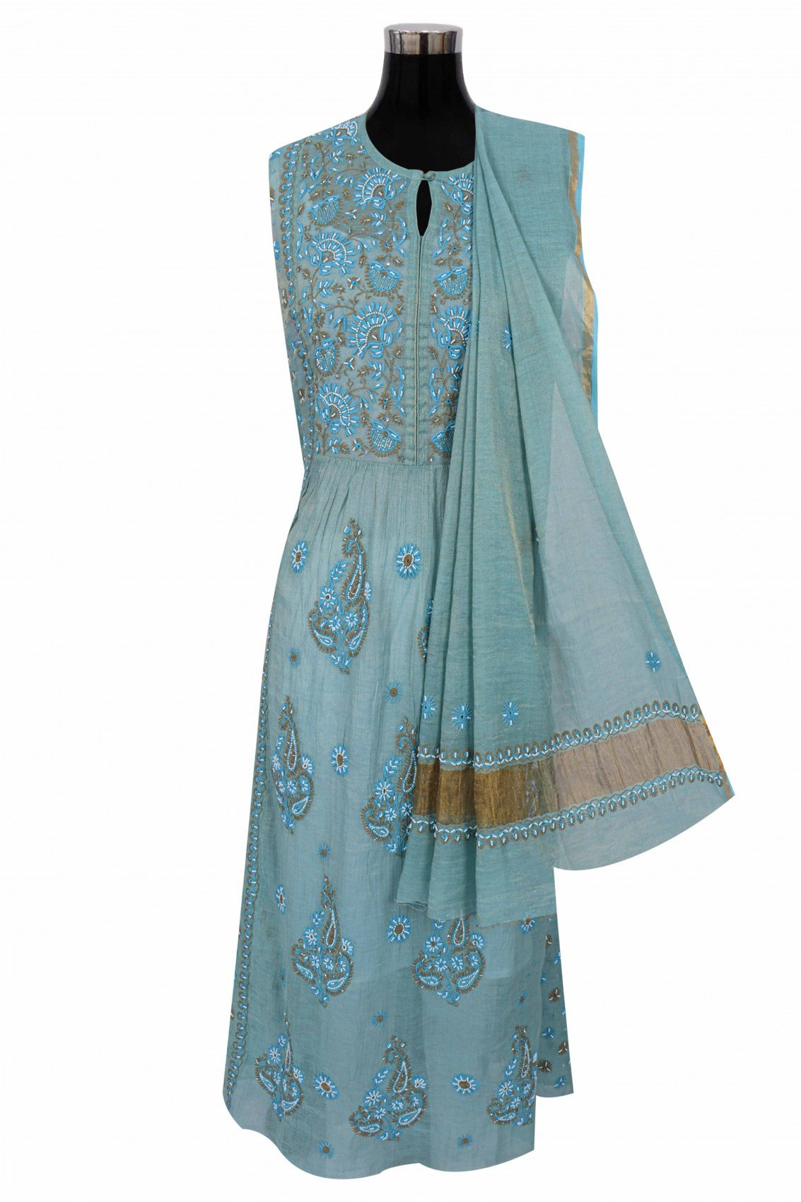 Ada Hand Embroidered Iceberg Blue Chanderi Lucknowi Chikankari Semi-Stitched Anarkali Kurta Dupatta Set With Pearl Work 01A197020