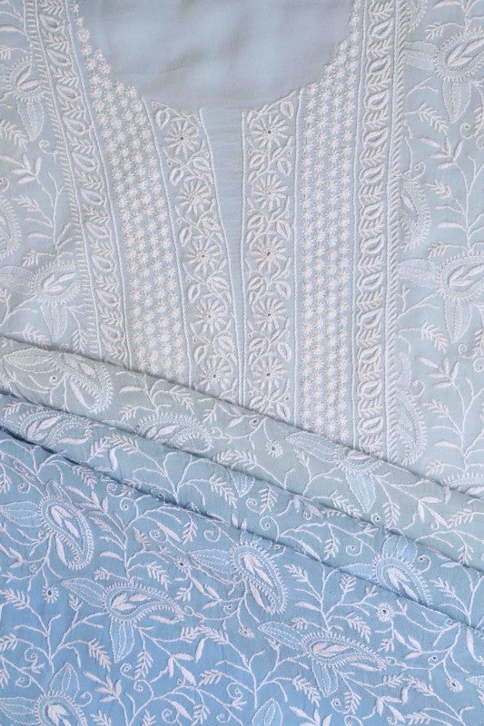 Ada Hand Embroidered Sky Blue Shaded Pure Georgette Lucknowi Chikan Unstitched Suit Piece-A576800