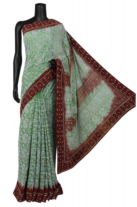 Ada Hand Embroidered Green Dual Shade Pure Georgette Lucknow Chikan Saree/Blouse with Gota Patti Work A50140