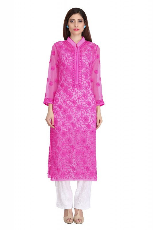 Ada Hand Embroidered Magenta Georgette Lucknowi Chikankari Straight  Kurta with Slip A227664