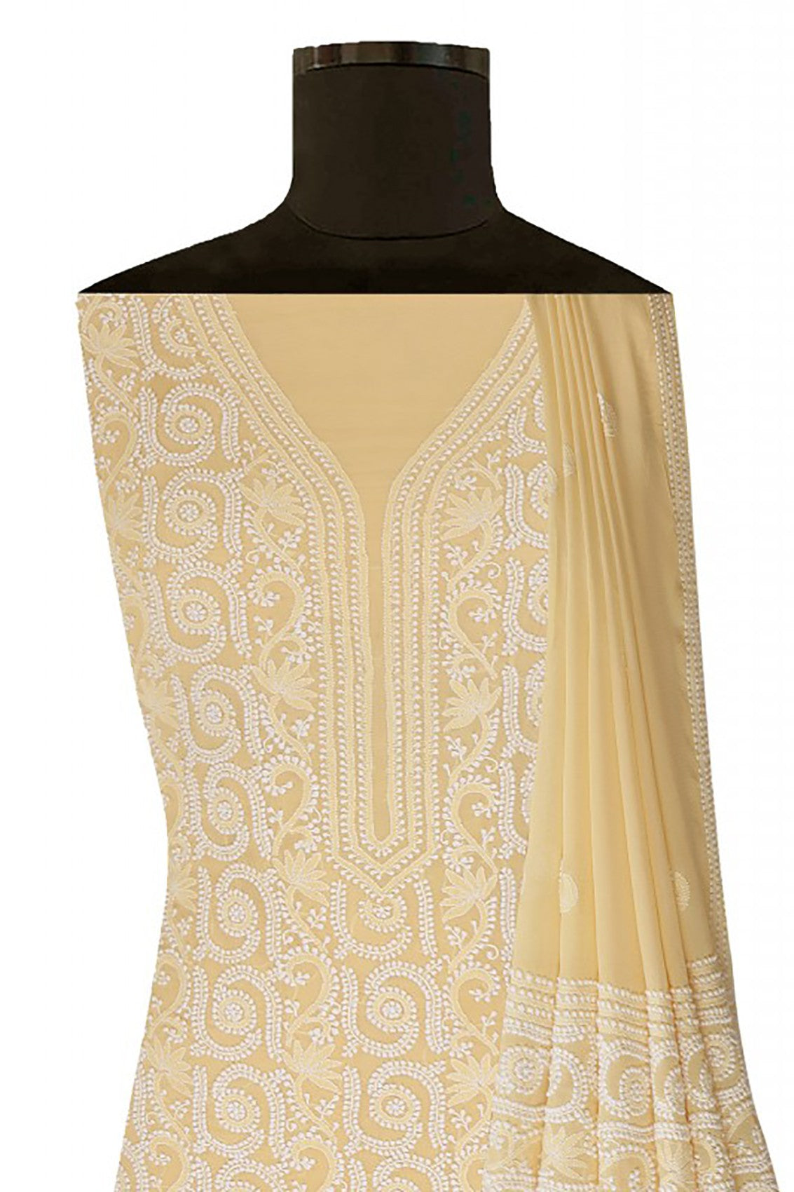 Ada Hand Embroidered Vanilla Yellow Pure Georgette Lucknowi Chikankari Unstitched Kurta Dupatta Set A49697