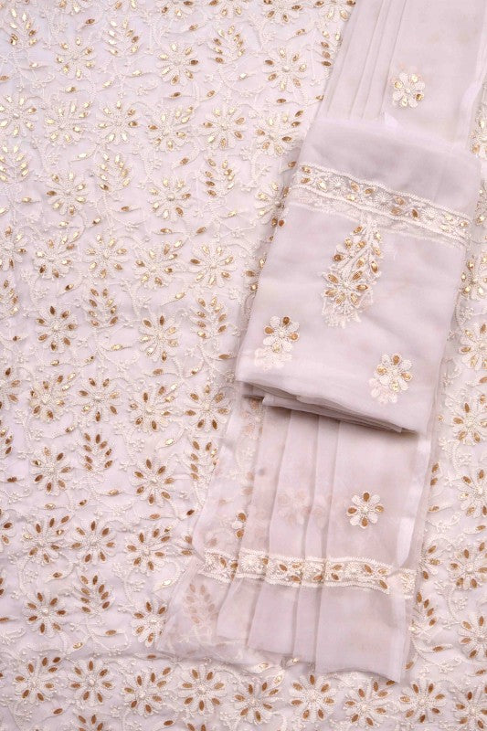 Ada Hand Embroidered White Georgette Lucknowi Chikan Unstitched Suit Piece with Gota Patti Work A428256