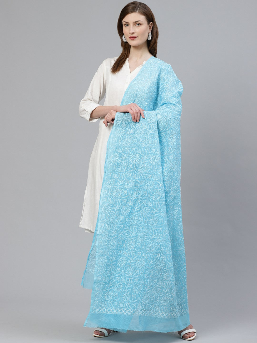 Ada Hand Embroidered Blue Kota Lucknowi Chikankari Dupatta- A100450