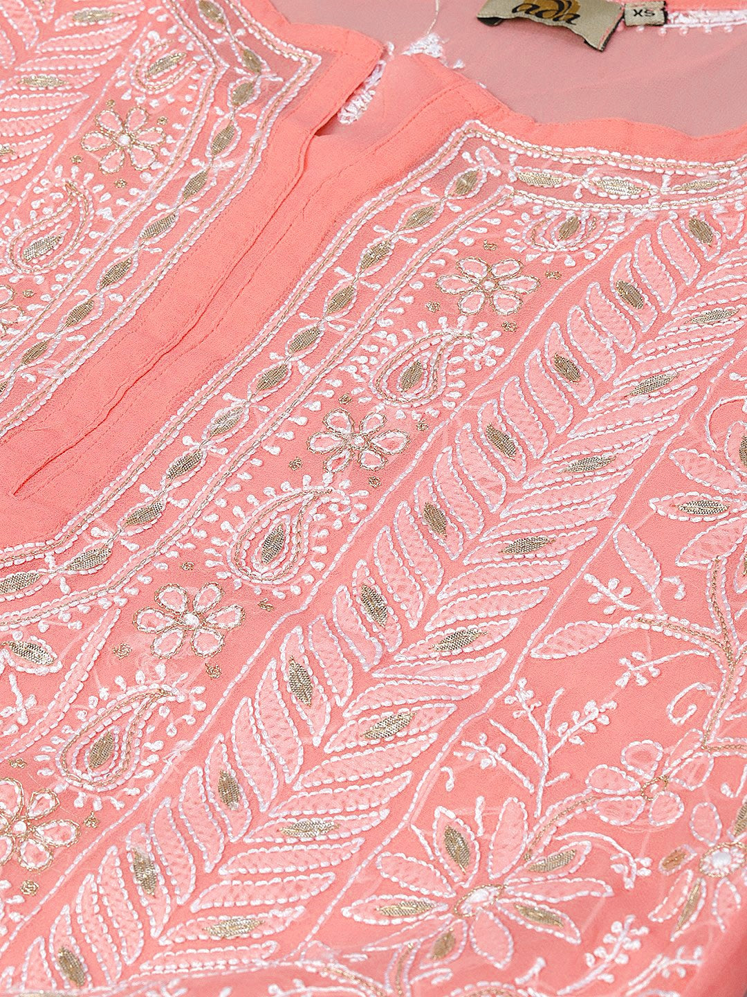 Ada Hand Embroidered Peach Georgette Lucknow Chikan Straight Kurta/Slip with Gota patti Work A411113