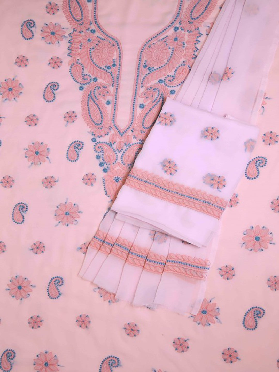 Ada Hand Embroidered Baby Pink Georgette Lucknowi Chikan Unstitched Suit Piece A211188
