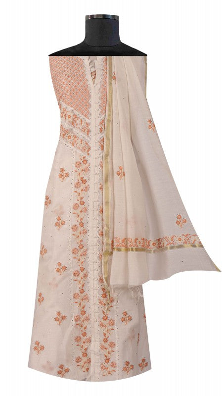 Ada Hand Embroidered White Chanderi Lucknowi Chikan Unstitched Kurta Dupatta Set With Muqaish Work A350999