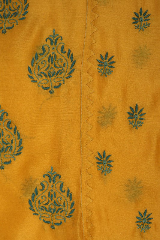 Ada Hand Embroidered Bright Yellow Chanderi Lucknowi Chikankari Unstitched Kurta Dupatta Set A320092