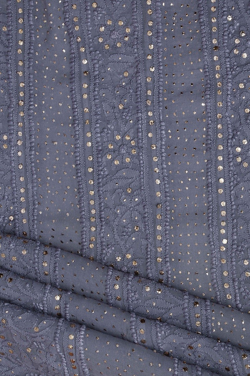 Ada Hand Embroidered Steel Grey Pure Georgette Lucknowi Chikankari Semi-stitched Anarkali Set with Muqaish Work – A588083
