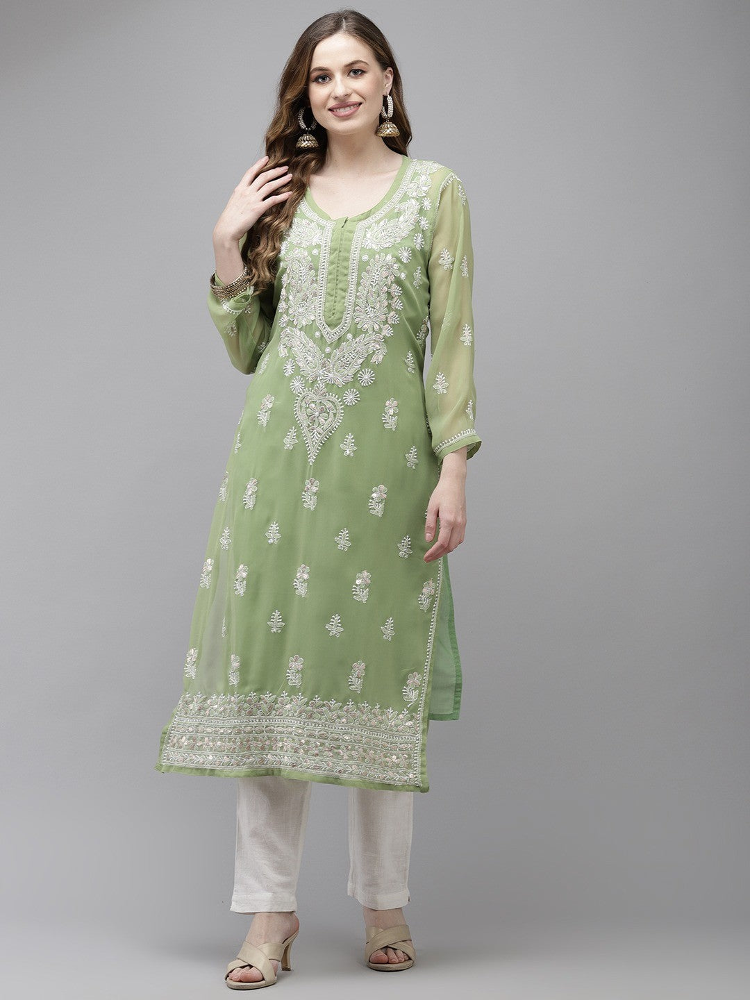 Ada Hand Embroidered Green Georgette Lucknow Chikan Kurta/Slip with Gota Patti Work A411355