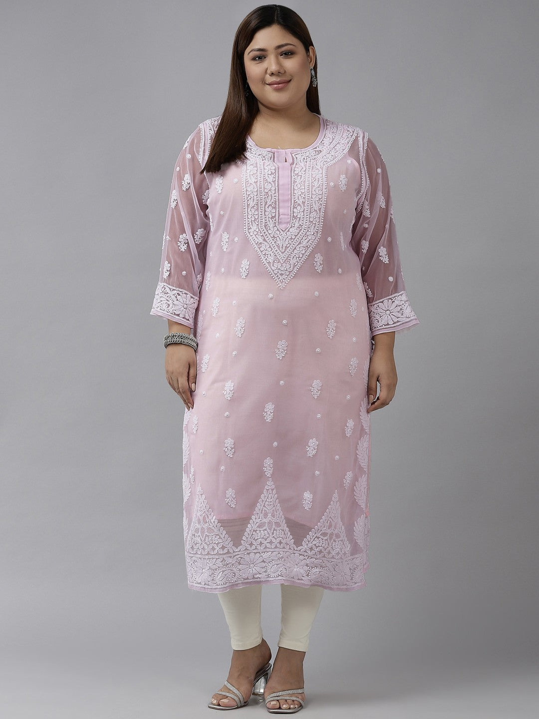 Ada Hand Embroidered Powder Pink Georgette Lucknowi Chikankari Straight Kurta with Slip A411208