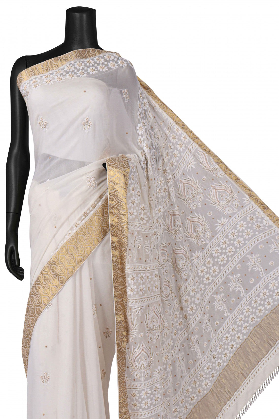 Ada Hand Embroidered White Chiffon Lucknowi Chikankari Saree/Blouse With Zari Work A491076