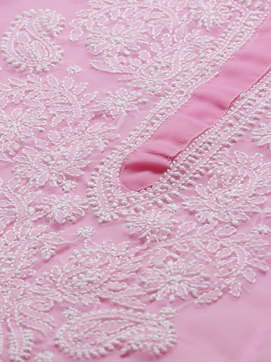 Ada Hand Embroidered Pink And White Georgette Lucknowi Chikankari Kurta Set With Slip A811114